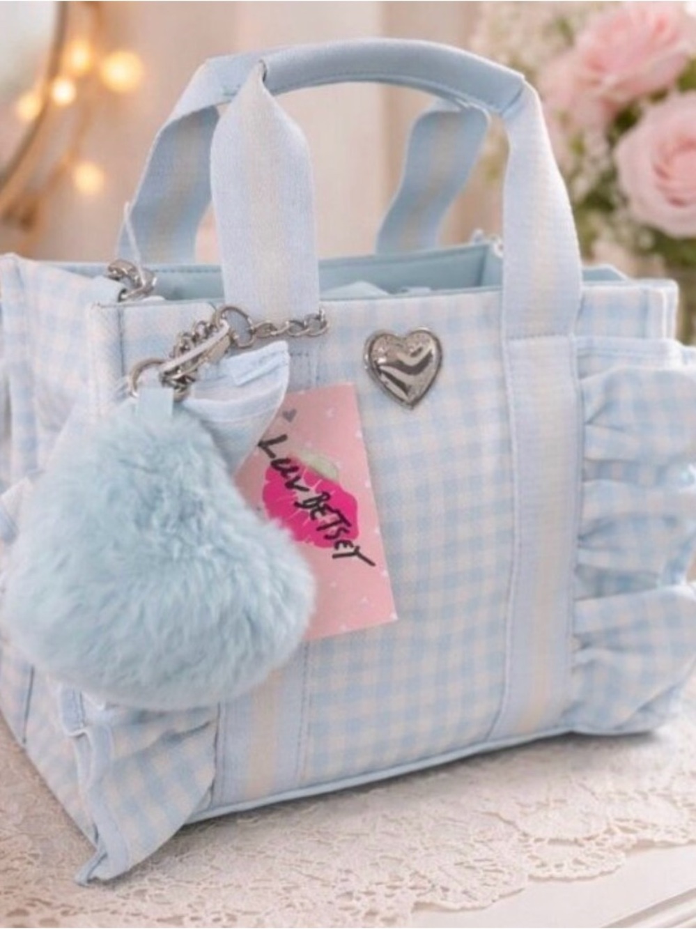 Betsey Johnson Pastel Blue & White Gingham Tote with Heart Charm - Picture 2 of 7